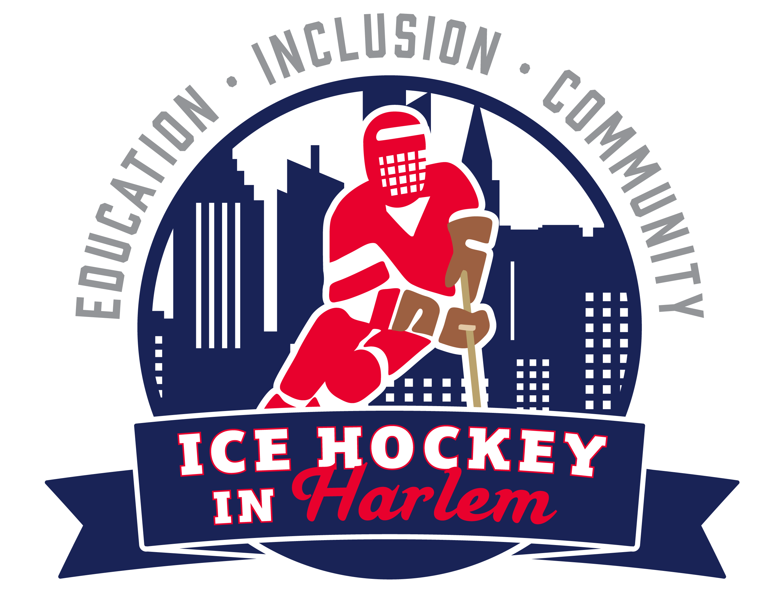 Logo for Ice Hockey in Harlem. A hockey player with NYC in the background. Education - Inclusion - Community.
