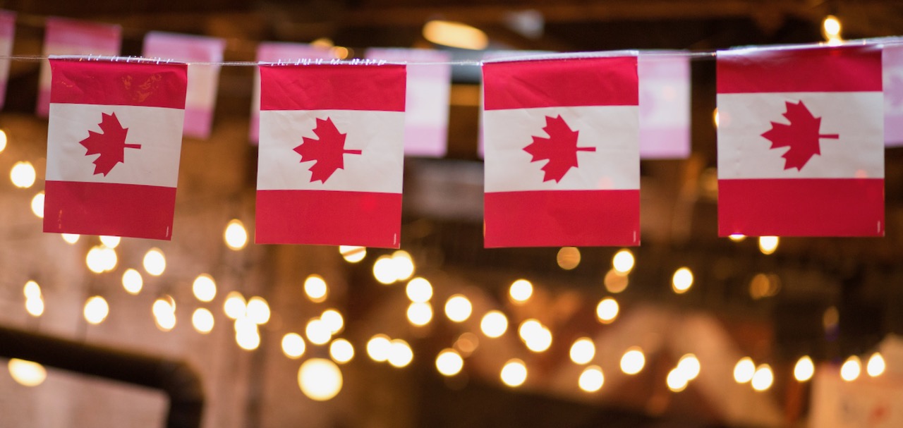 A string of Canada flags hanging at the Canada Day event